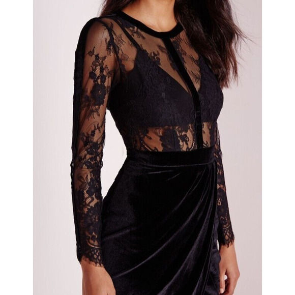 Missguided Sheer Lace Velvet Midi Dress Black Sz 6 Long-Sleeve Lined Draped Hip - Picture 6 of 10